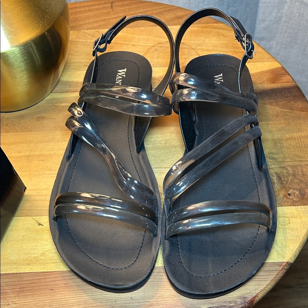 Wanted Black Strappy Sandals Clear Straps Ankle Buckle
